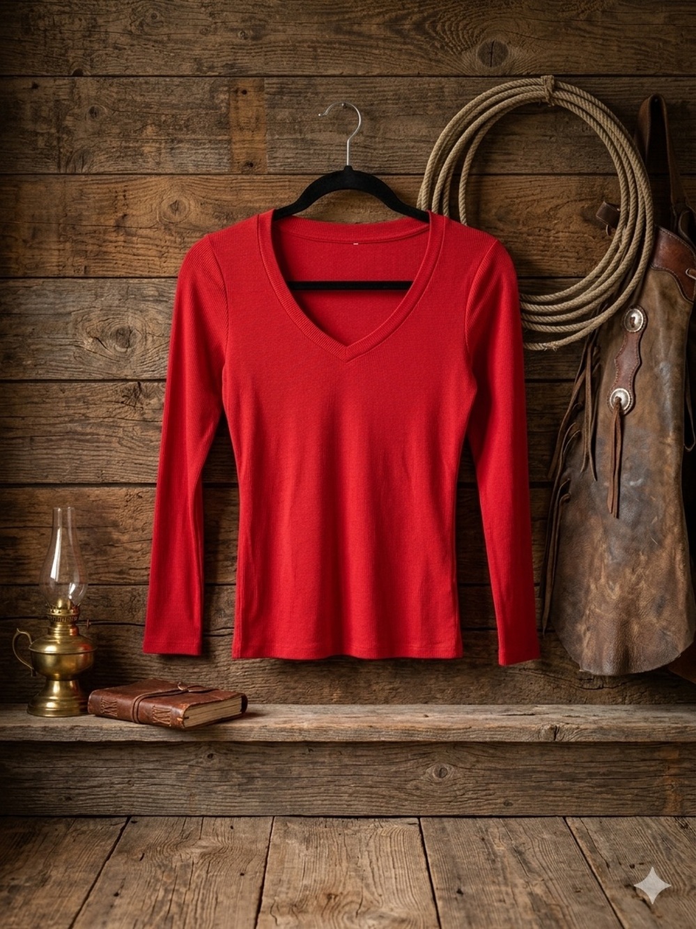 Effortless V-Neck Long Sleeve Top in Red